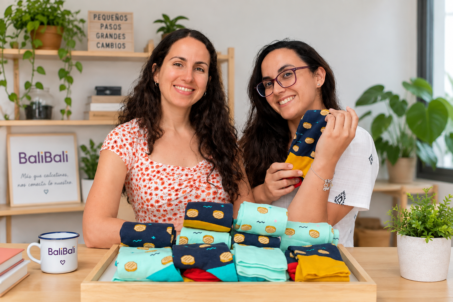 Bárbara y Lis, creadoras de BaliBali, junto a los calcetines Arepitas